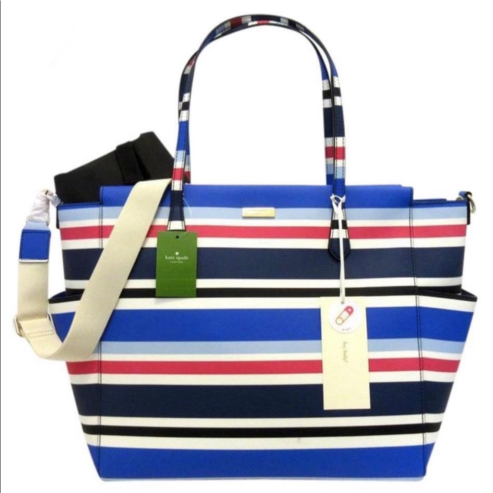 kate spade Navy, Royal Blue, White & Red Striped Tote with Cream Strap